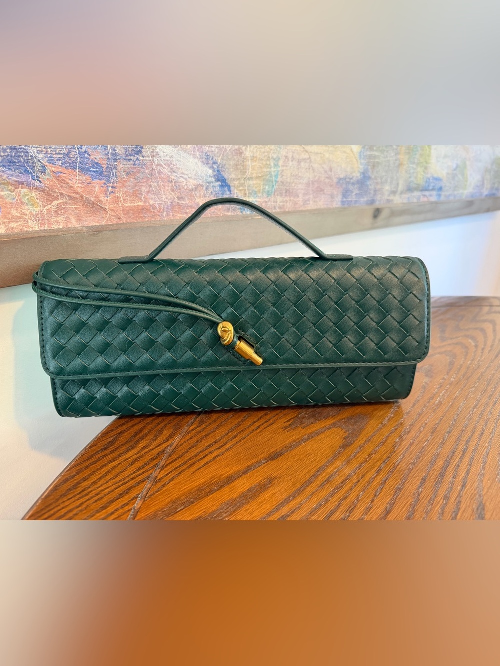 Woven Leather Top-Handle Clutch - Emerald Green